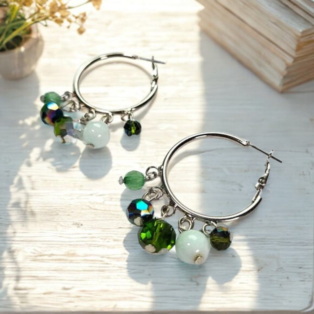Green Beaded Silver Hoop Earrings / Pierced